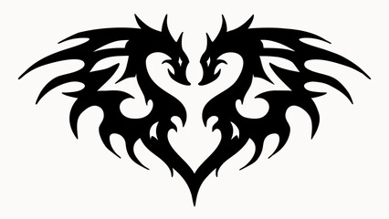 Two symmetrical black dragons facing each other with tribal wing designs forming a heart shape outline