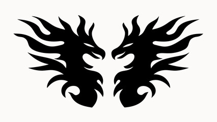 Naklejka premium Mirrored black dragon heads facing each other with flame like hair on a white background image design