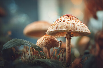 Close-up of a beautiful wild mushroom with a textured cap on a mossy forest floor, soft light.