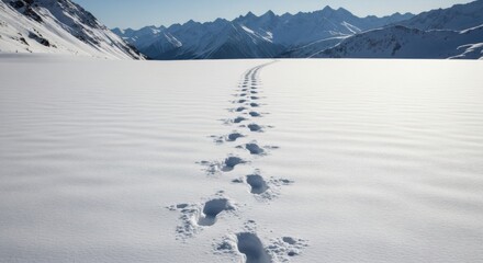Footprints create a winding path through a vast, snowcovered field towards distant, majestic mountains
