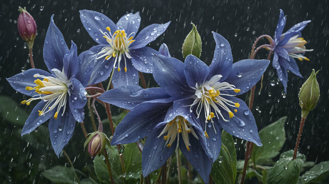 Close-up of Vibrant Columbine Flowers with Dew Drops