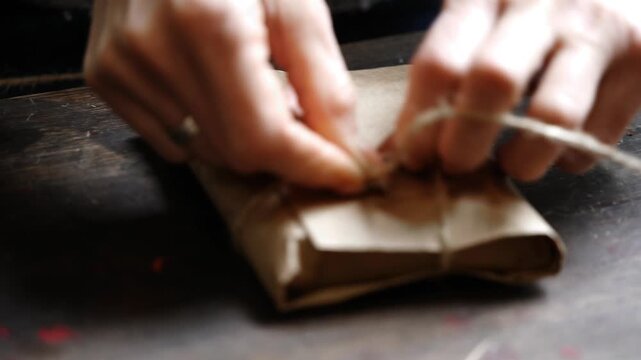 Close-Up Completing Knot on Wrapped Red Leather Wallet on Table