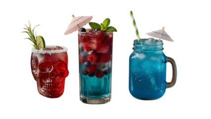 Trio of Vibrant Cocktails: Three expertly crafted cocktails dazzle the eye, each a masterpiece of color, garnish, and refreshment.