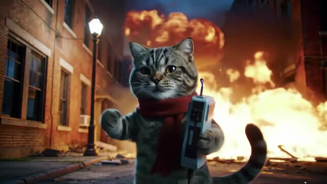 A funny and cinematic action hero cat in a red scarf calmly walks away from a massive fiery explosion in a city street while holding a walkie talkie