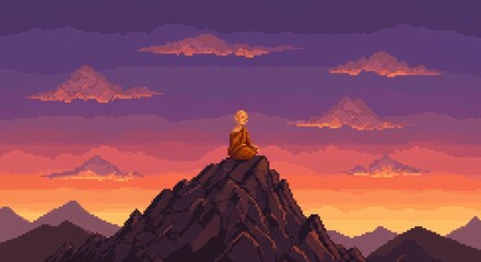 Naklejka premium Pixel Art: A serene monk meditates on a mountaintop silhouetted against a vibrant sunset