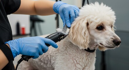 Poodle grooming: A meticulous groomer gives a cute poodle a haircut. It highlights the care and attention devoted to grooming pets.