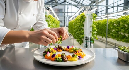 Naklejka premium Chef plating a colorful gourmet dish with fresh ingredients.