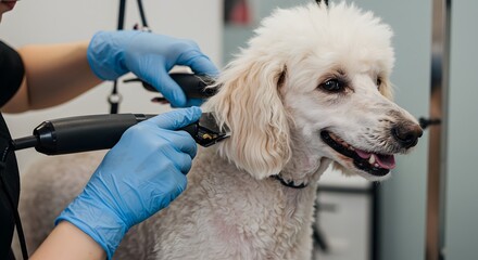 Grooming Poodle: A professional groomer provides careful grooming services to a fluffy white poodle. Featuring a close-up of the grooming process with electric clippers. 
