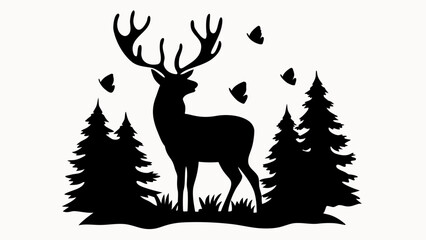Obraz premium Silhouette of a deer with large antlers standing in a forest with butterflies flying around it at daytime