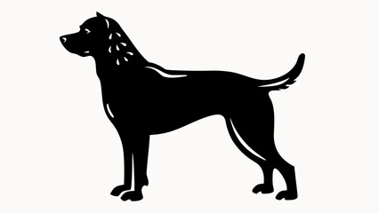 Silhouette of a standing dog with a short tail and markings on its neck in black and white color scheme