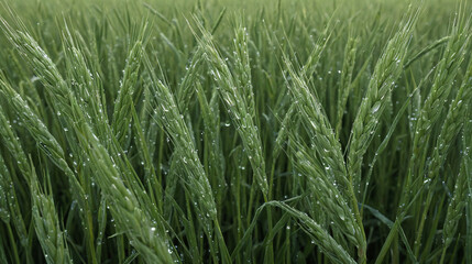 Obraz premium Close-Up of Dew-Covered Wheat Stalks in a Field