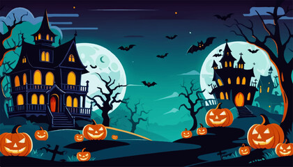 Scary Haunted House with Bats and Full Moon