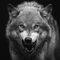 Fototapeta premium Grayscale extreme close-up of wolf face, snarling expression, realistic fur and teeth, powerful gaze, dramatic studio lighting.