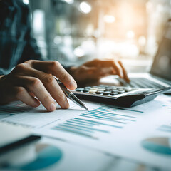 A person's hands are focused on a calculator and laptop, surrounded by financial reports and charts, suggesting business analysis.