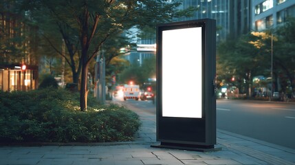 Blank Advertising Billboard on City Sidewalk at Night for Promotion
