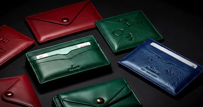 Colorful leather wallets arranged on a dark surface