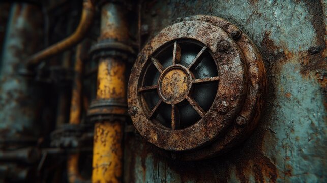 Rusted metal panel with pipes and a circular vent - Powered by Adobe