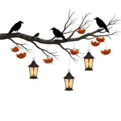 Gnarled Branch with Lanterns, Crows, and Autumn Berries &ndash; A Poetic Tableau of Halloween Mystery, Nature, and Quiet Magic