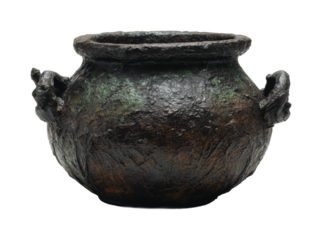 Ancient bronze pot display museum exhibition artifact history isolated on transparent background, png