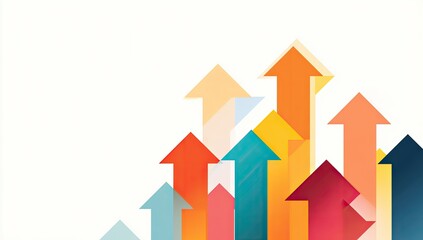 Abstract graphic of multiple colorful arrows pointing upward, layered on a white background