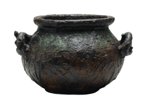 Ancient bronze pot display museum exhibition artifact history isolated on transparent background, png