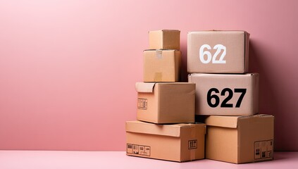Fototapeta premium Stacked cardboard boxes against a pink background