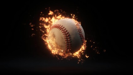 A baseball engulfed in flames against a black background.  Fiery glow surrounds a classic baseball