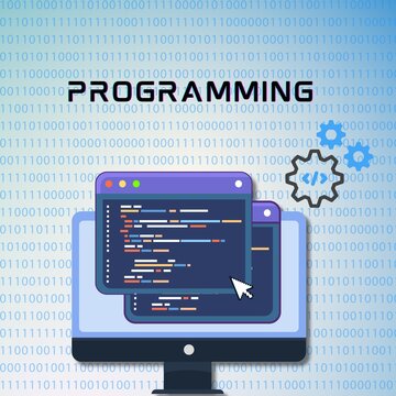 Programming Concept with Code Windows and Binary Background

