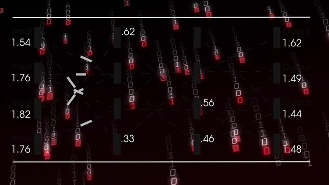 Binary streams cascading over input or output bars, selector appearing and rotating updating decimal