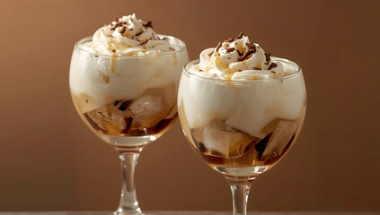Cream and coffee cocktail in delicate transparent glasses filled with ice cubes, with a creamy foam topping and a drizzle of caramel-colored syrup, set against a warm and cozy background with a soft 
