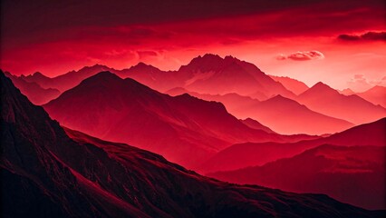 Dramatic red mountain landscape with layered peaks and misty valleys creating surreal atmospheric nature scene