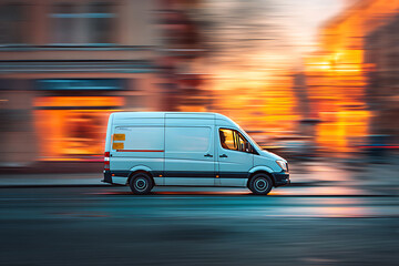Fototapeta premium Speeding light delivery van on a blurred city street, showcasing urban transport and motion.