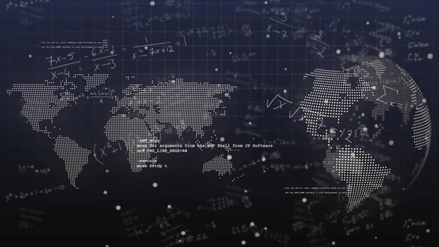 Opening grid starting drifting snow and sliding code, dotted map and turning globe visualizing data