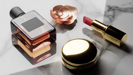 Luxury Beauty Perfume, Lipstick, and Compact on White Marble Background