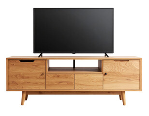 Modern Wooden TV Stand in a Bright Living Room, Isolated on Transparent Background