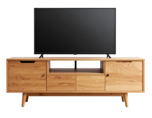 Modern Wooden TV Stand in a Bright Living Room, Isolated on Transparent Background
