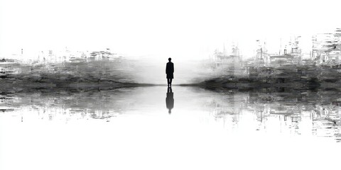 Solitary Figure in Abstract Landscape Reflection