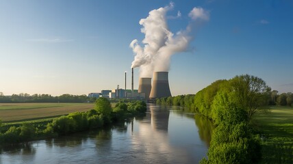 Industrial power plant with cooling towers emitting steam
