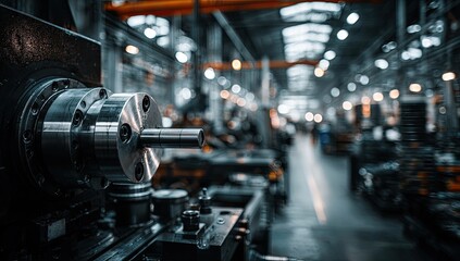 Fototapeta premium Close-up of industrial machine, blurry factory interior