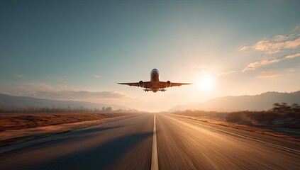 Fototapeta premium Airplane taking off at sunset over a runway