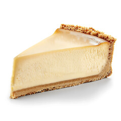 A slice of creamy cheesecake with a graham cracker crust and caramel topping