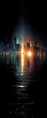 Night city reflecting in dark water, vibrant lights
