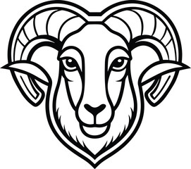 Bold ram head emblem in vintage line-art style, symmetrical composition, high-detail vector.
