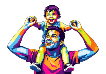 Vibrant pop art illustration of a joyful father carrying his happy child on shoulders, ideal for Father's Day cards, family bonding campaigns, childcare advertisements, and positive parenting blogs.