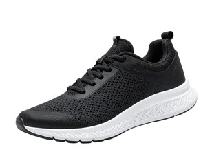 Stylish black athletic shoe with white sole on black background
