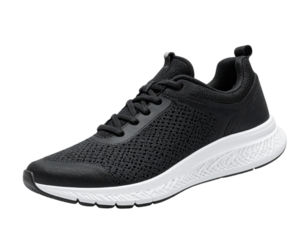 Stylish black athletic shoe with white sole on black background