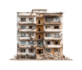Abandoned building urban area deteriorating environment front view isolated on transparent background, png