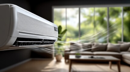 Contemporary fan emits a refreshing breeze in a well-decorated room filled with natural light and inviting seating areas, creating comfort