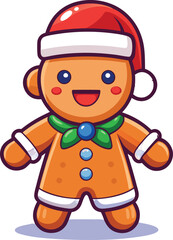 Cute smiling gingerbread cookie character wearing a Santa hat, flat vector illustration, bold outlines, festive sprinkles, isolated on transparent background, suitable for holiday greeting cards.