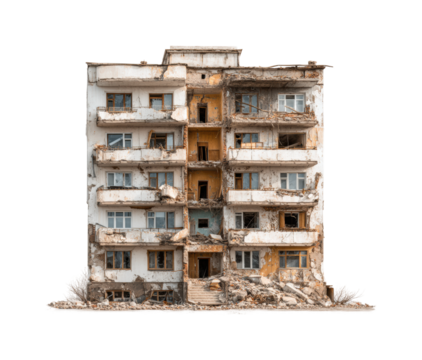 Abandoned building urban area deteriorating environment front view isolated on transparent background, png